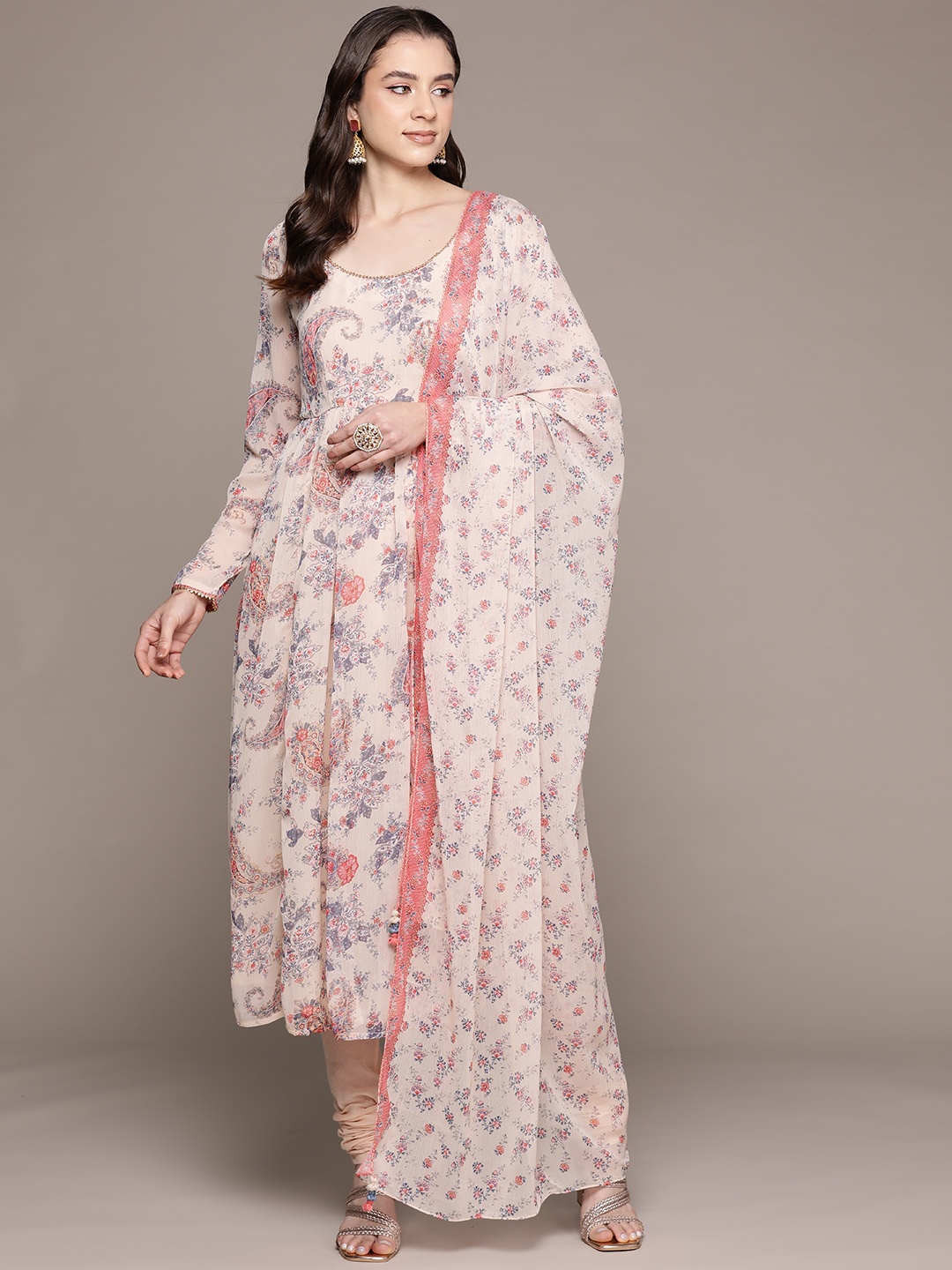 

aarke Ritu Kumar Women Floral Printed Pleated Kurta with Palazzos & With Dupatta, White