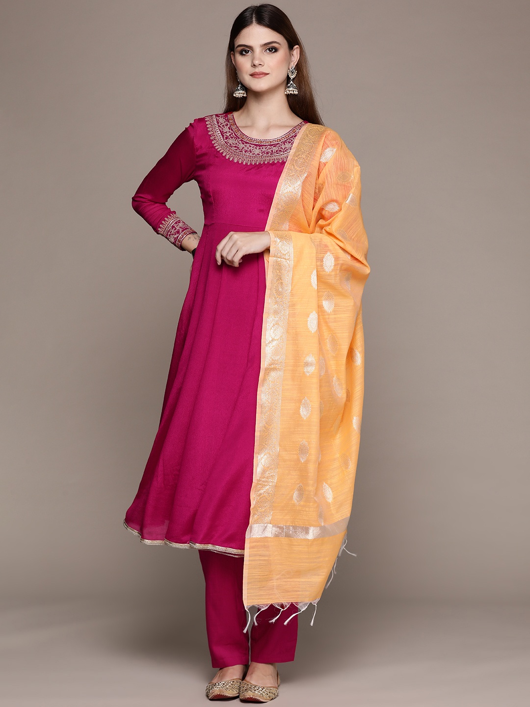 

aarke Ritu Kumar Women Ethnic Motifs Yoke Design Regular Kurta with Palazzos & Dupatta, Magenta