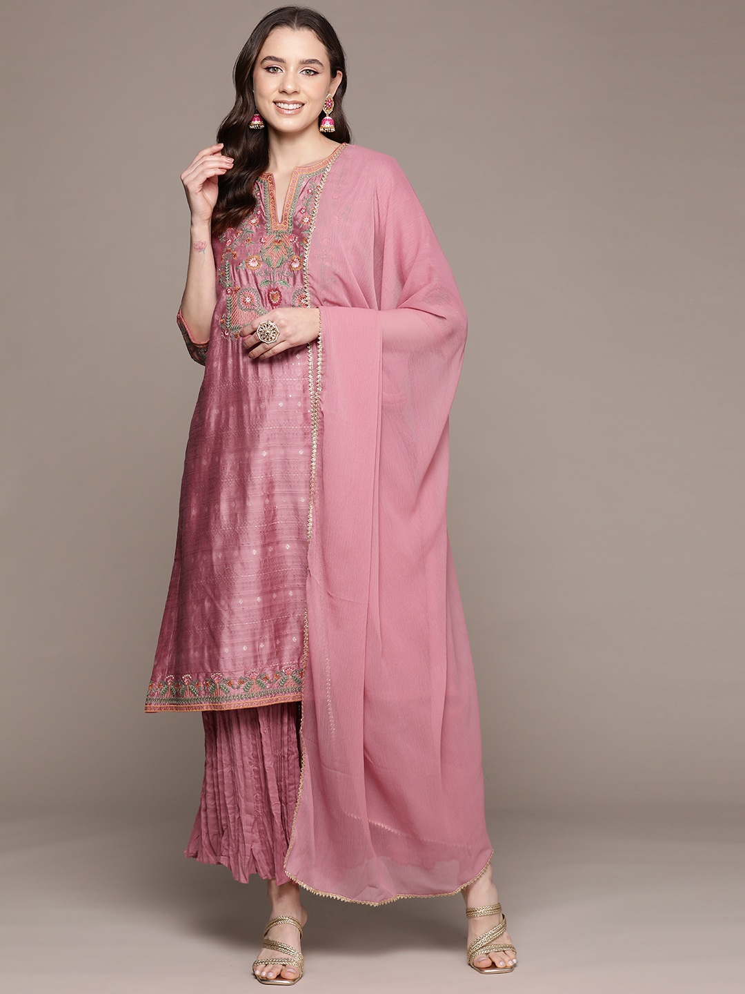 

aarke Ritu Kumar Women Floral Yoke Design Regular Kurta with Palazzos & With Dupatta, Pink