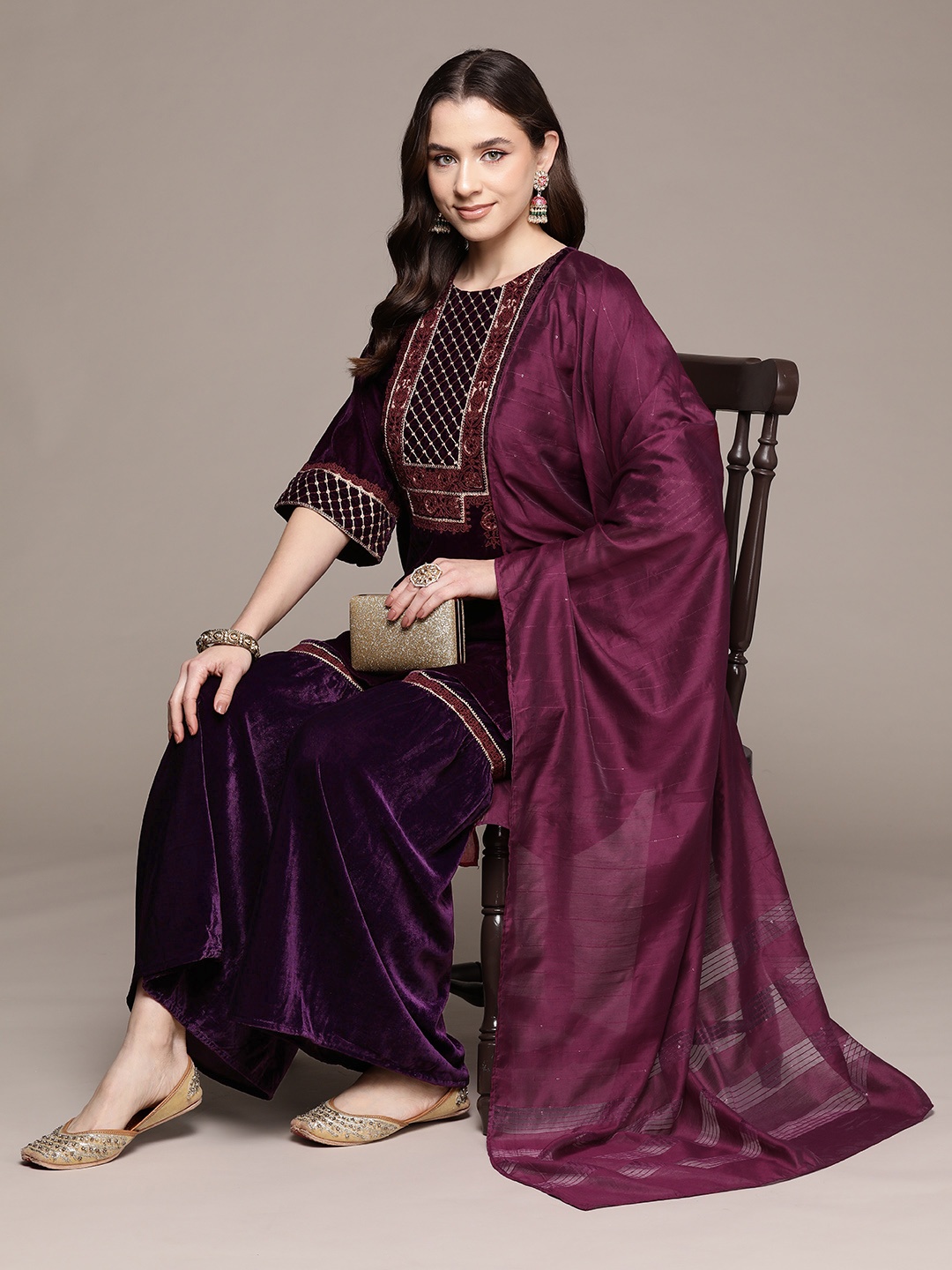 

aarke Ritu Kumar Ethnic Motifs Embroidered Regular Kurta with Sharara & Dupatta, Purple