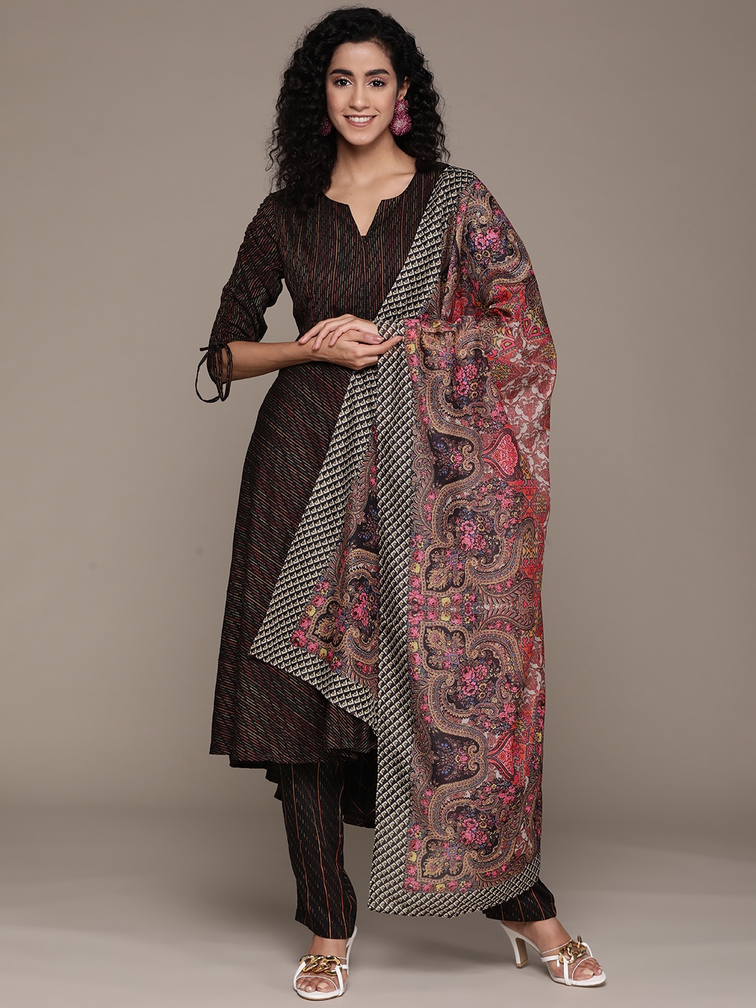 

aarke Ritu Kumar Embroidered Kantha Work Kurta with Trousers & Dupatta, Black