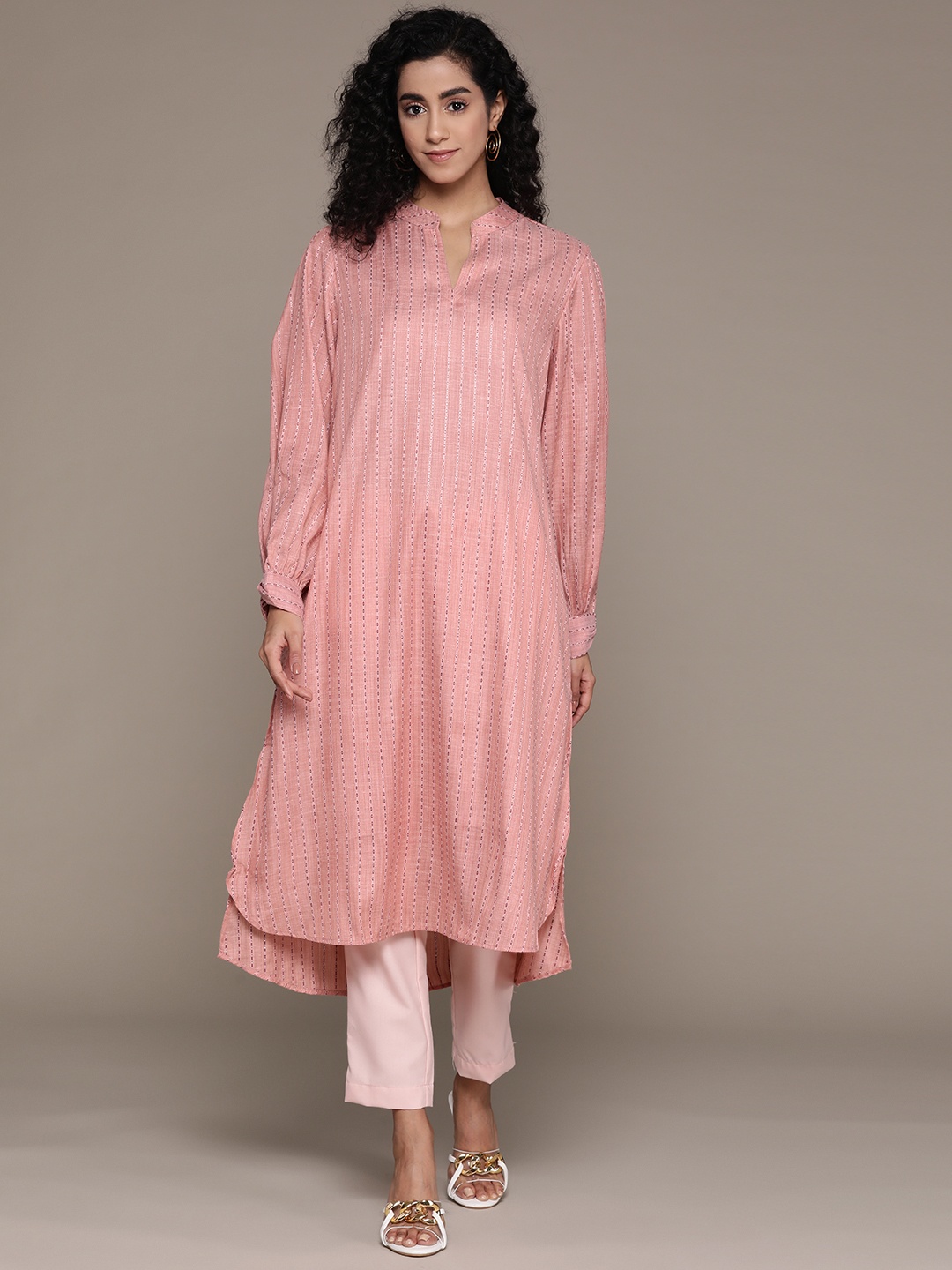 

aarke Ritu Kumar Women Striped Kurta, Peach
