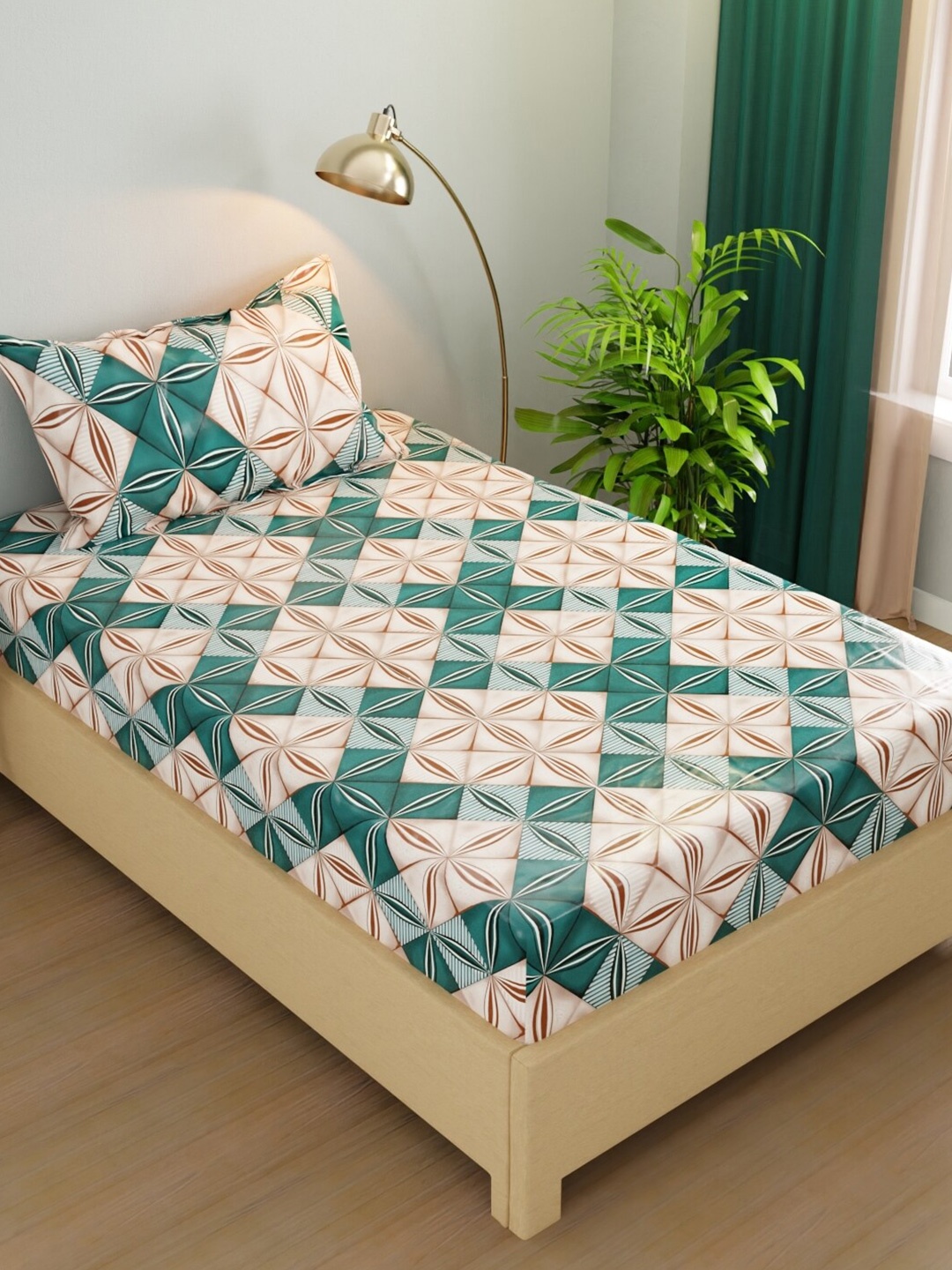 

BIANCA Rivera Green Beige Geometric Microfiber200 TC Single Bedsheet With 1 Pillow Covers