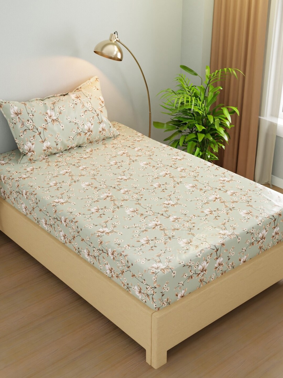 

BIANCA Rivera Green Floral Microfiber 200 TC Single Bedsheet with 1 Pillow Cover