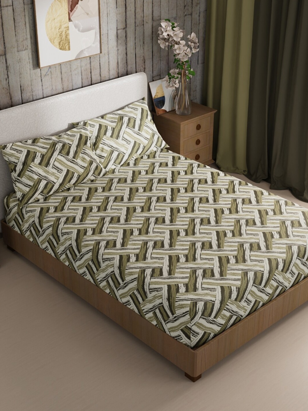 

BIANCA MIKASA Green & White Striped Cotton 200 TC Single Bedsheet with 2 Pillow Covers