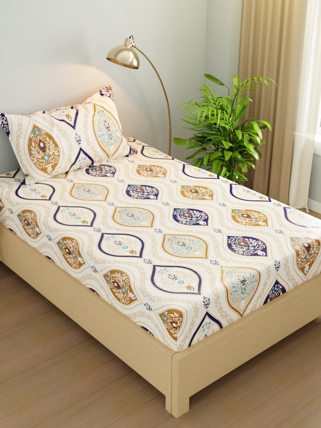 

BIANCA RIVERA Off White Ethnic Motifs Microfiber200 TC Single Bedsheet with 1 Pillow Cover