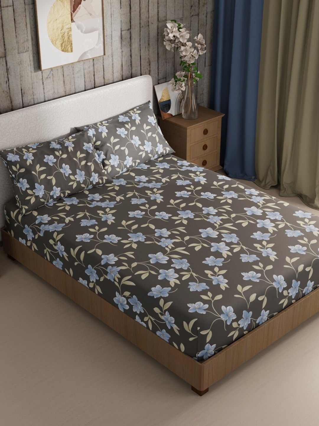 

BIANCA Mikasa Charcoal & Blue Floral Microfiber 200 TC King Bedsheet With 2 Pillow Covers