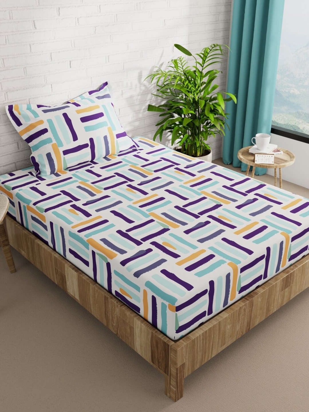 

BIANCA SNUZ White & Purple Geometric 152 TC Single Bedsheet with 1 Pillow Cover