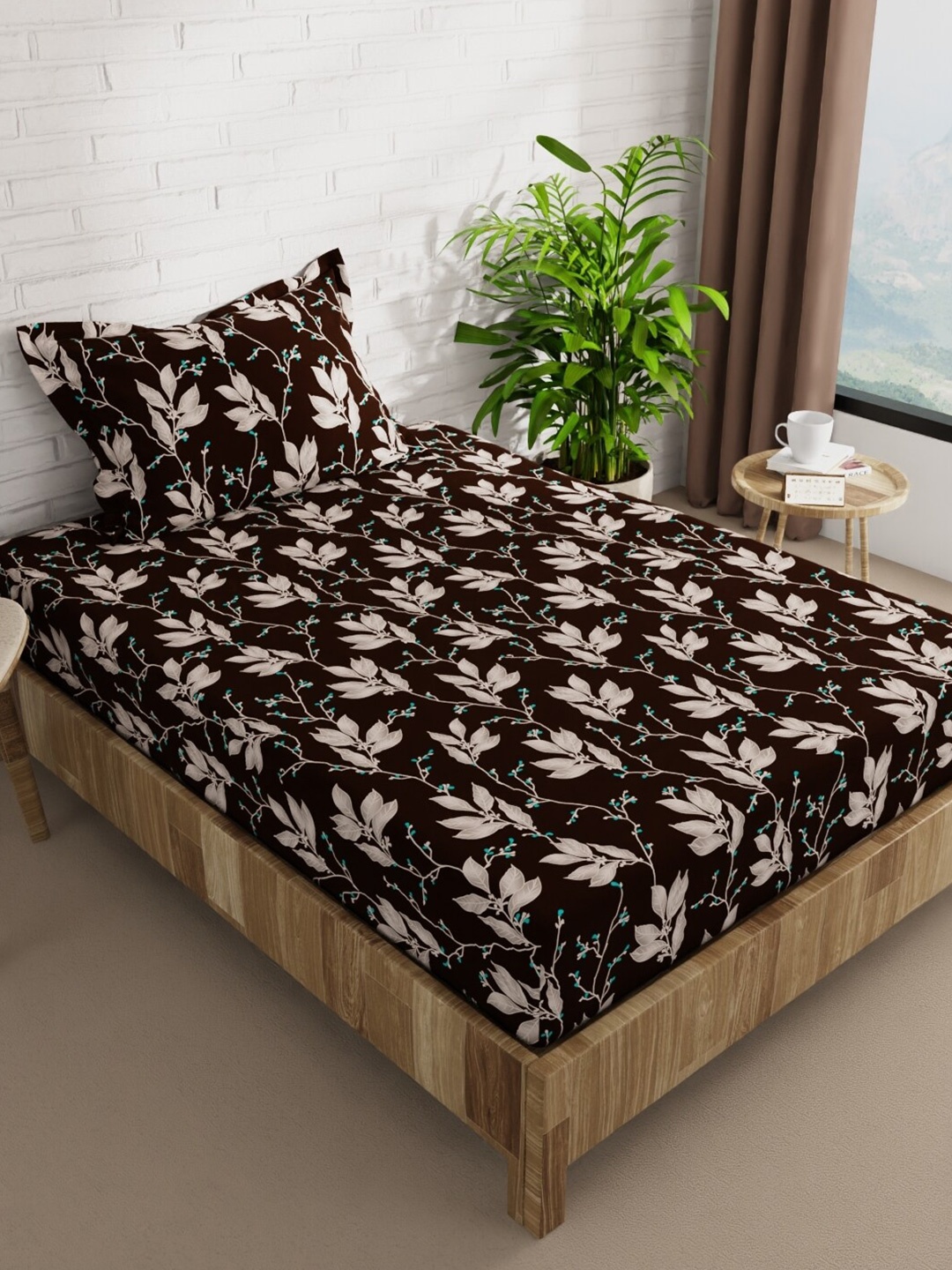 

BIANCA SNUZ Brown Floral Microfiber 152 TC Single Bedsheet with 1 Pillow Cover