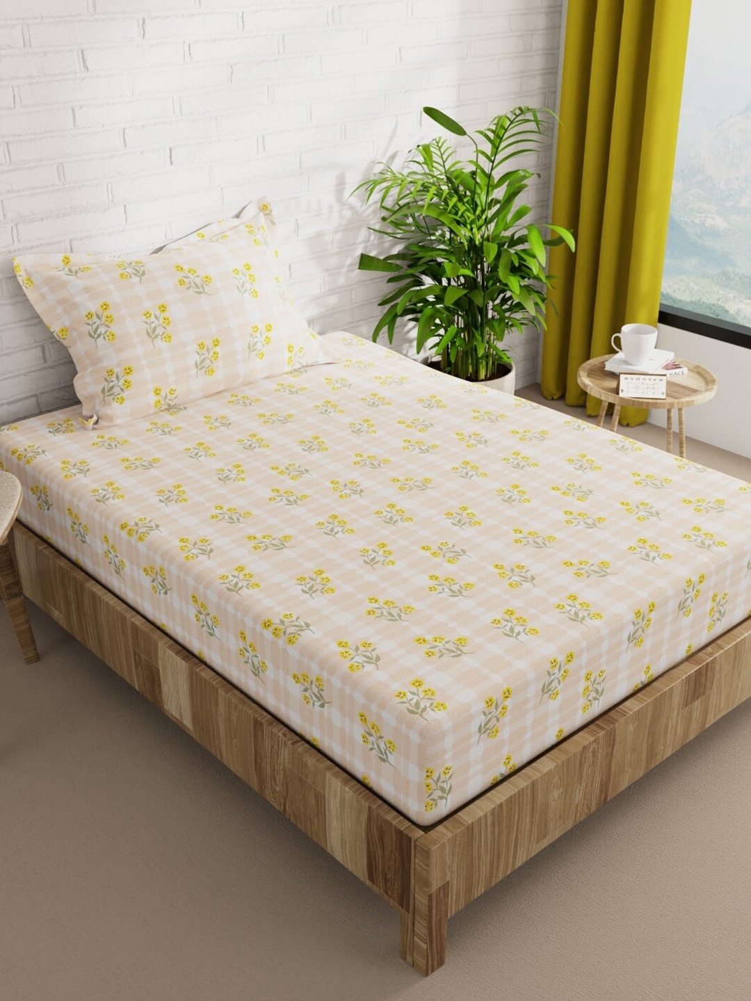 

BIANCA Snuz Beige & Yellow Floral 152 TC Single Bedsheet with 1 Pillow Covers