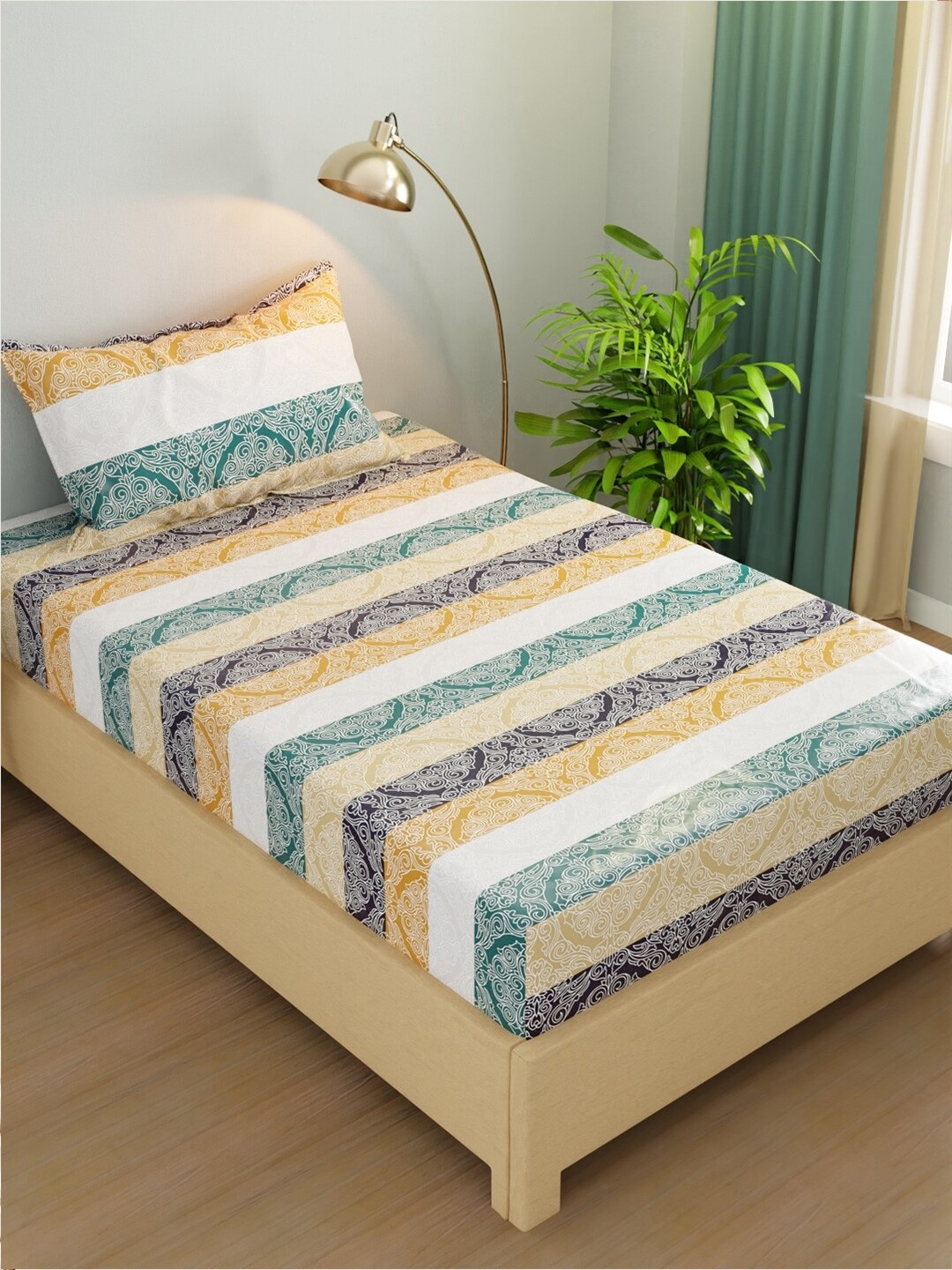 

BIANCA Rivera White Yellow Ethnic Motifs Microfiber 200 TC Single Bedsheet 1 Pillow Covers