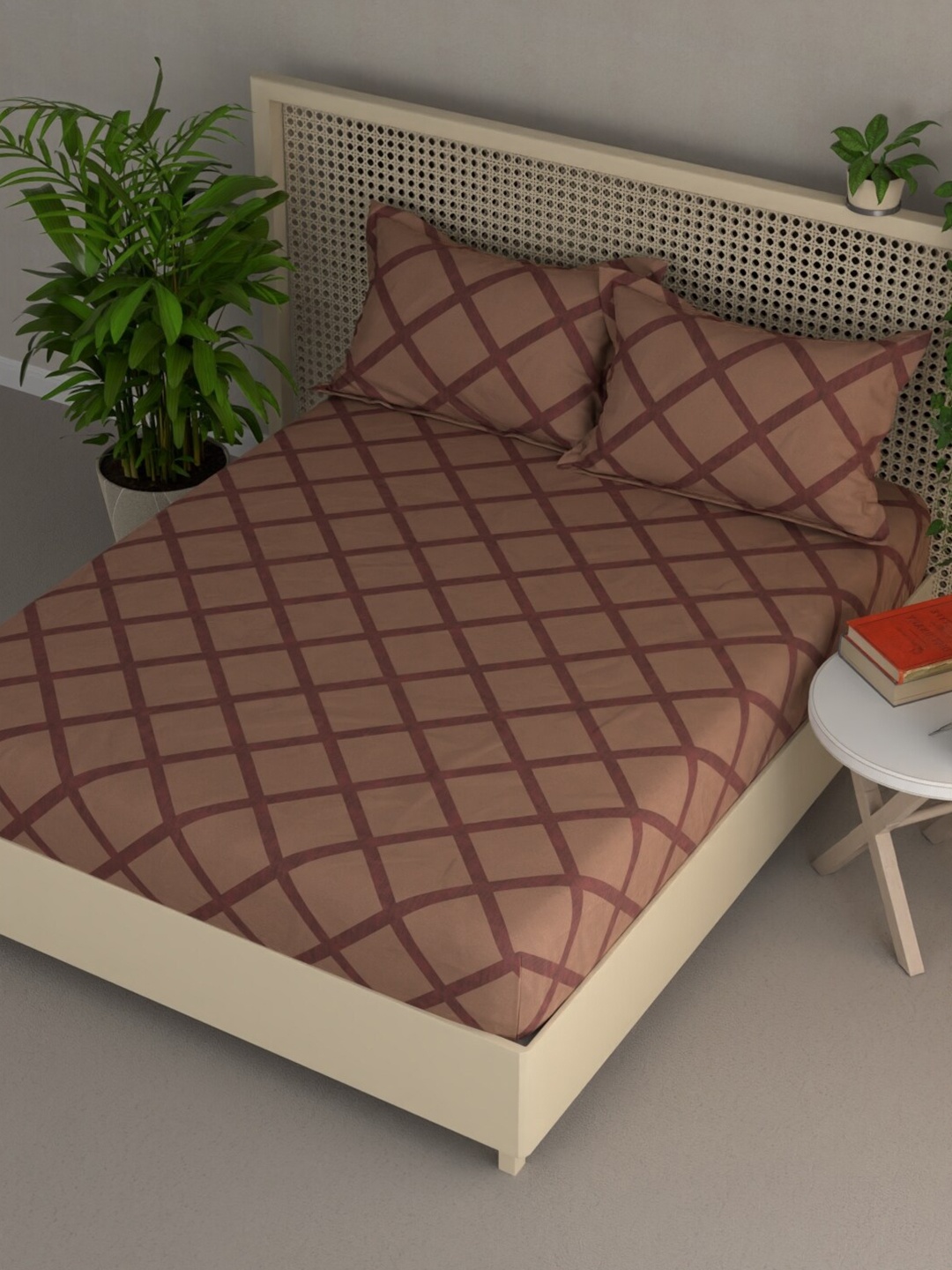 

BIANCA ESTELLA Brown Striped Cotton120 TC Queen Bedsheet with 2 Pillow Covers