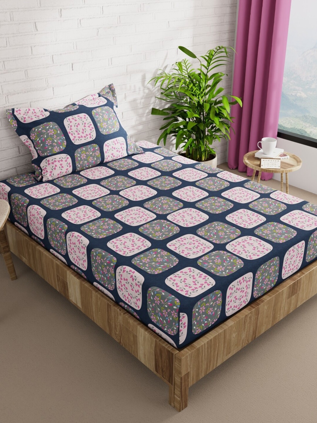 

BIANCA SNUZ Blue & Pink Floral Microfiber 152 TC Single Bedsheet with 1 Pillow Cover
