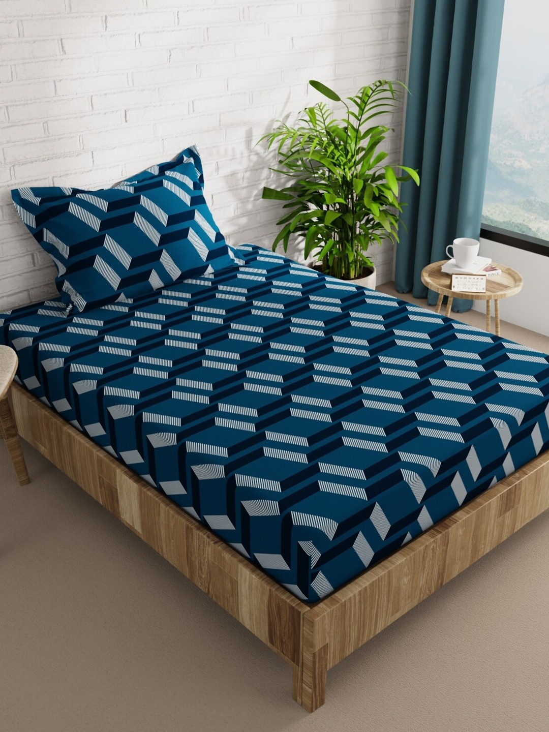 

BIANCA Snuz Blue & White Geometric Microfiber 152 TC Single Bedsheet With 1 Pillow Covers