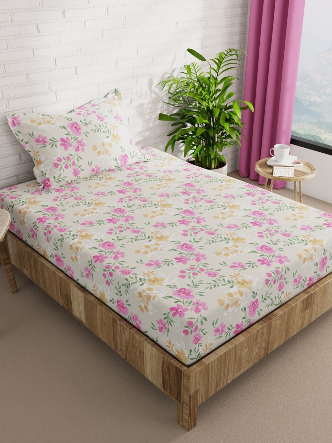 

BIANCA Snuz Beige & Pink Floral Microfiber 152 TC 110 GSM Single Bedsheet &1 Pillow Cover