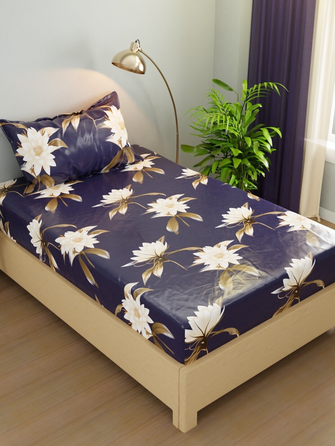 

BIANCA RIVERA Navy Blue & White Floral Printed 200 TC Single Bedsheet &1 Pillow Cover