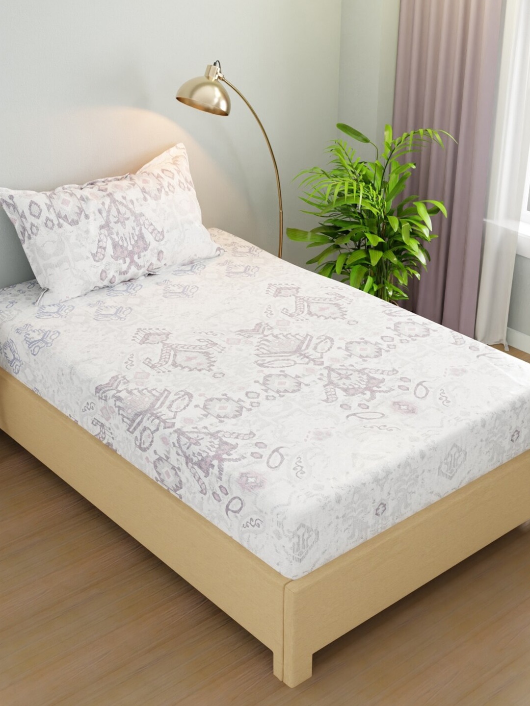 

BIANCA Rivera White & Grey Microfiber Ethnic Motifs 200 TC Single Bedsheet Set