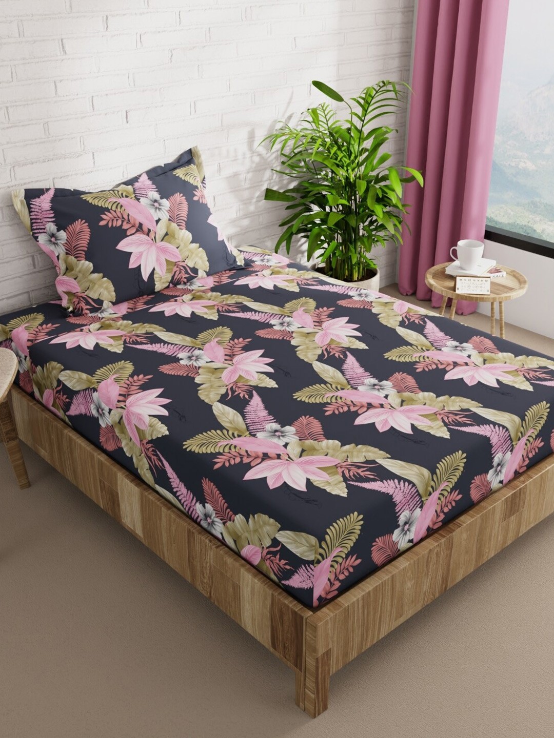 

BIANCA Snuz Grey & Pink Floral Microfiber 152 TC Single Bedsheet With 1 Pillow Covers