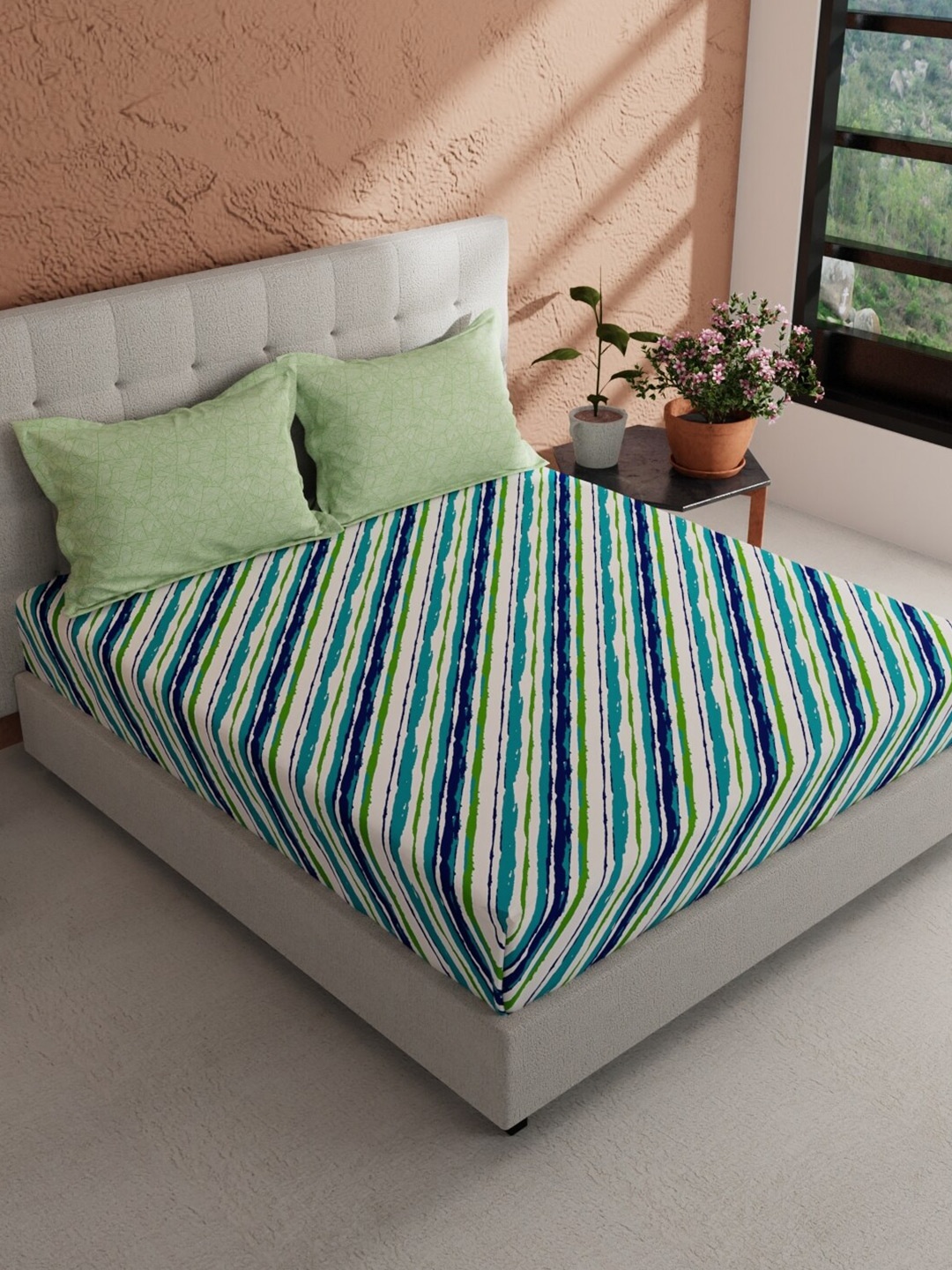 

BIANCA Giodeno Teal & Green Striped Pure Cotton 144 TC King Bedsheet With 2 Pillow Covers