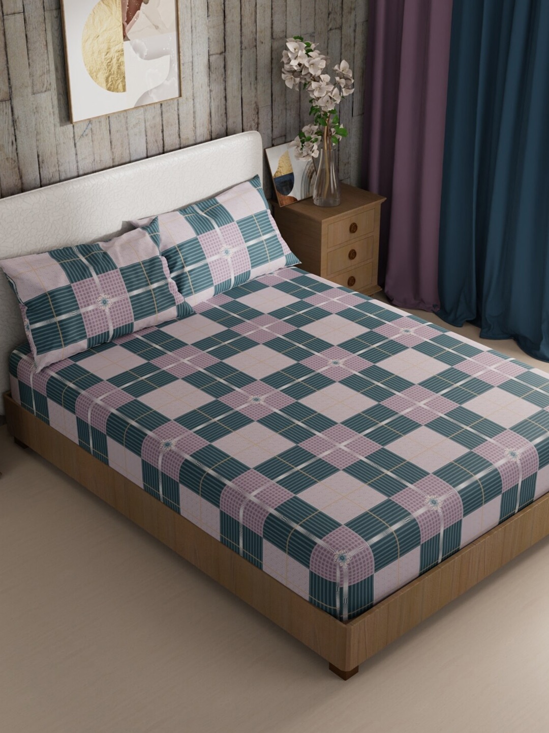 

BIANCA KOPA Green Gray Geometric Microfiber 200 TC King Bedsheet with 2 Pillow Covers