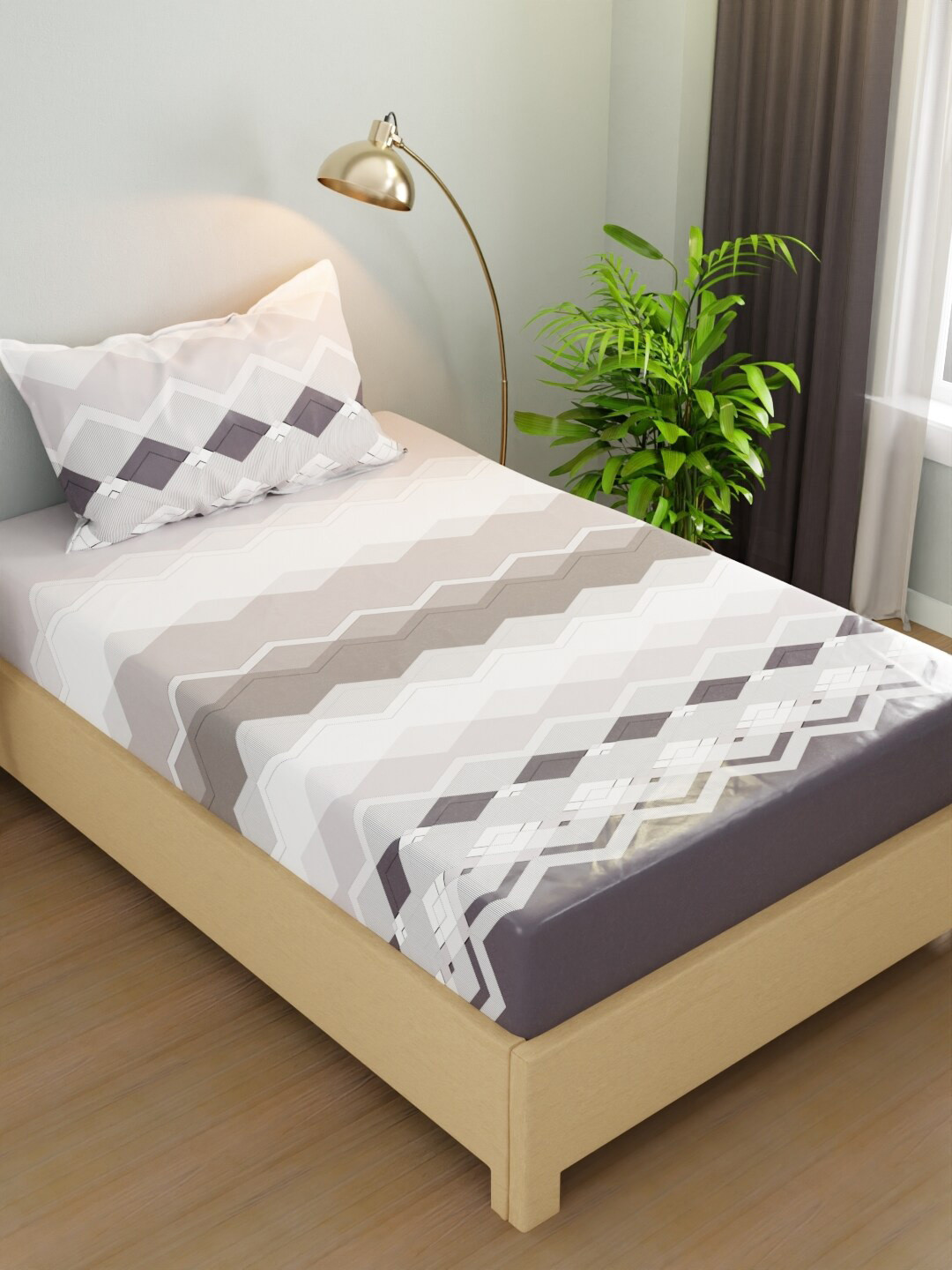 

BIANCA Rivera Off White Geometric Microfiber 200 TC Single Bedsheet with 1 Pillow Cover