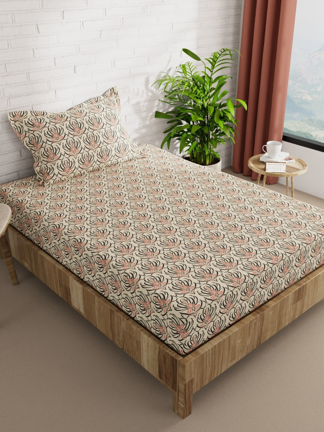 

BIANCA Snuz Beige & Black Floral Microfiber 152 TC Single Bedsheet with 1 Pillow Covers