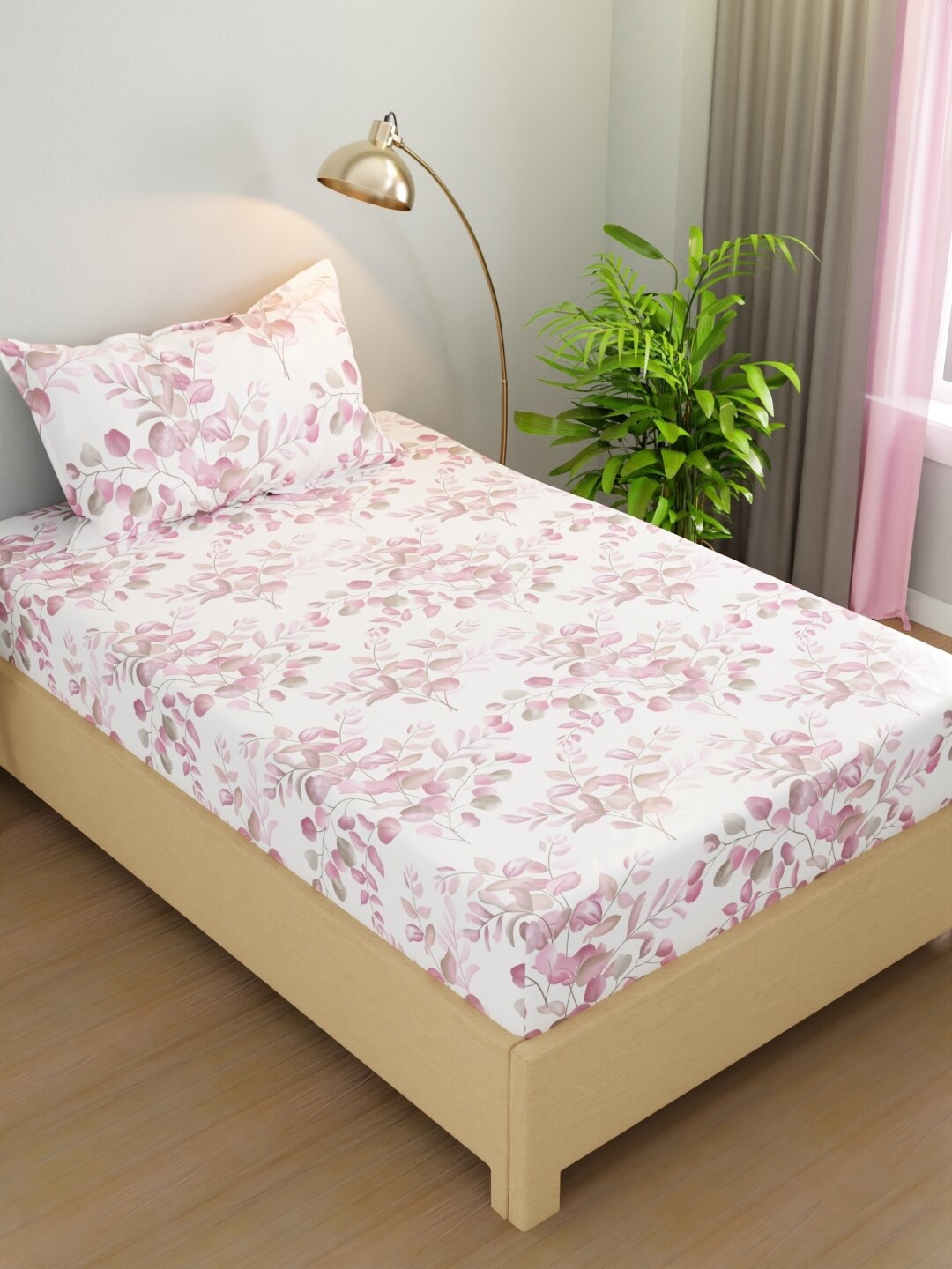 

BIANCA Rivera Off White & Pink Floral 200 TC Single Bedsheet with 1 Pillow Covers