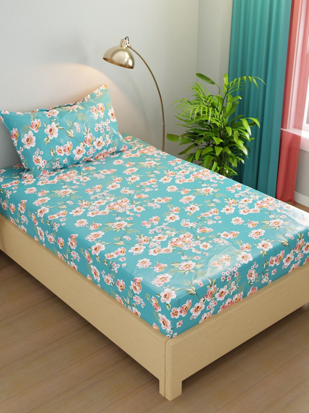 

BIANCA Rivera Turquoise Blue White Floral Microfiber 200 TC Single Bedsheet Set