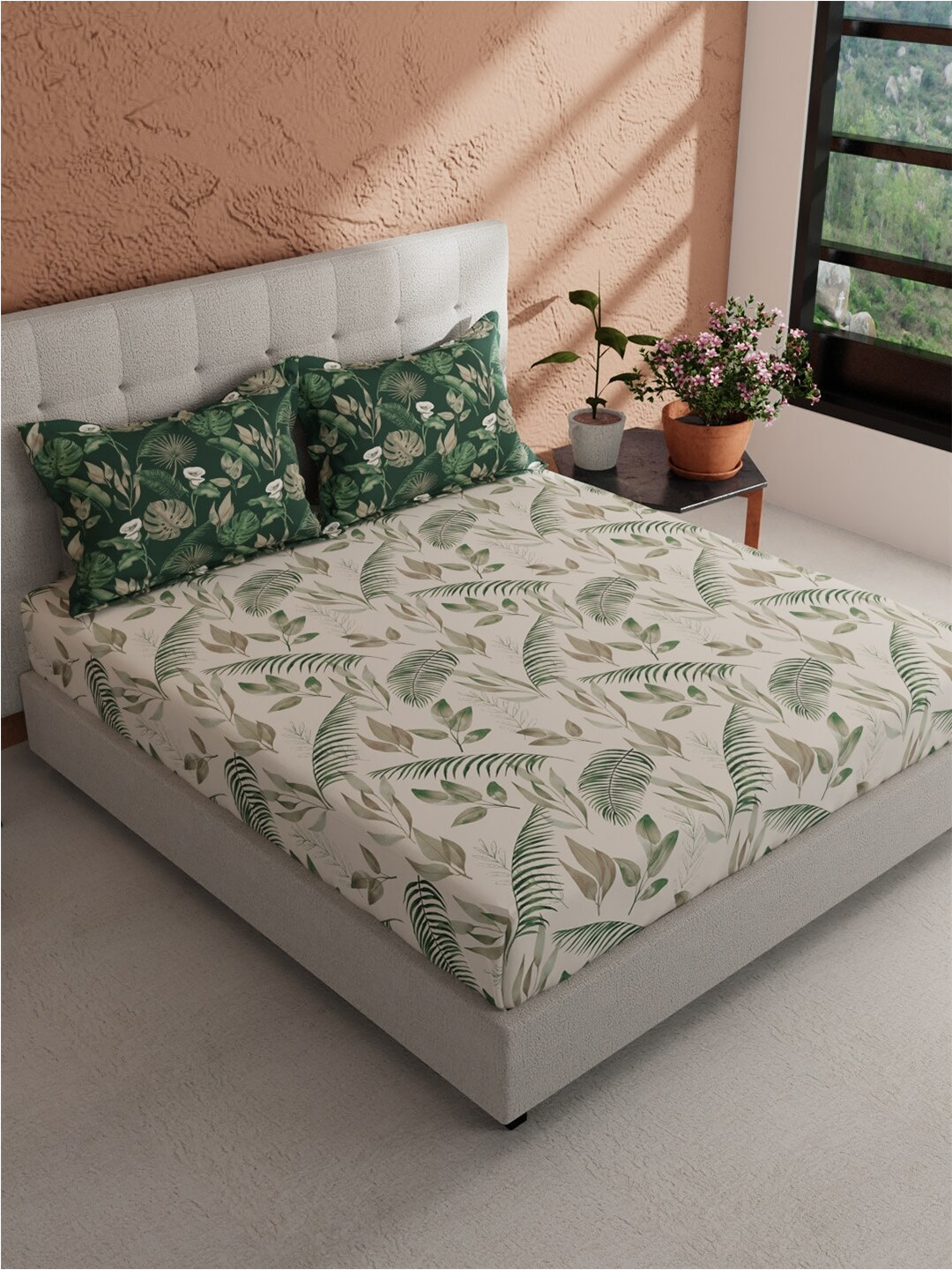 

BIANCA Beige & Green Floral Printed Pure Cotton 144 TC King Bedsheet with 2 Pillow Covers