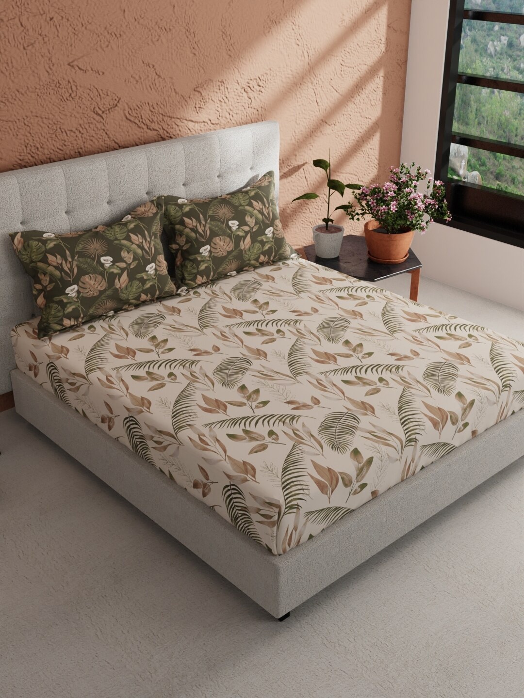 

BIANCA Beige & Olive Green Floral Pure Cotton 144 TC King Bedsheet with 2 Pillow Covers