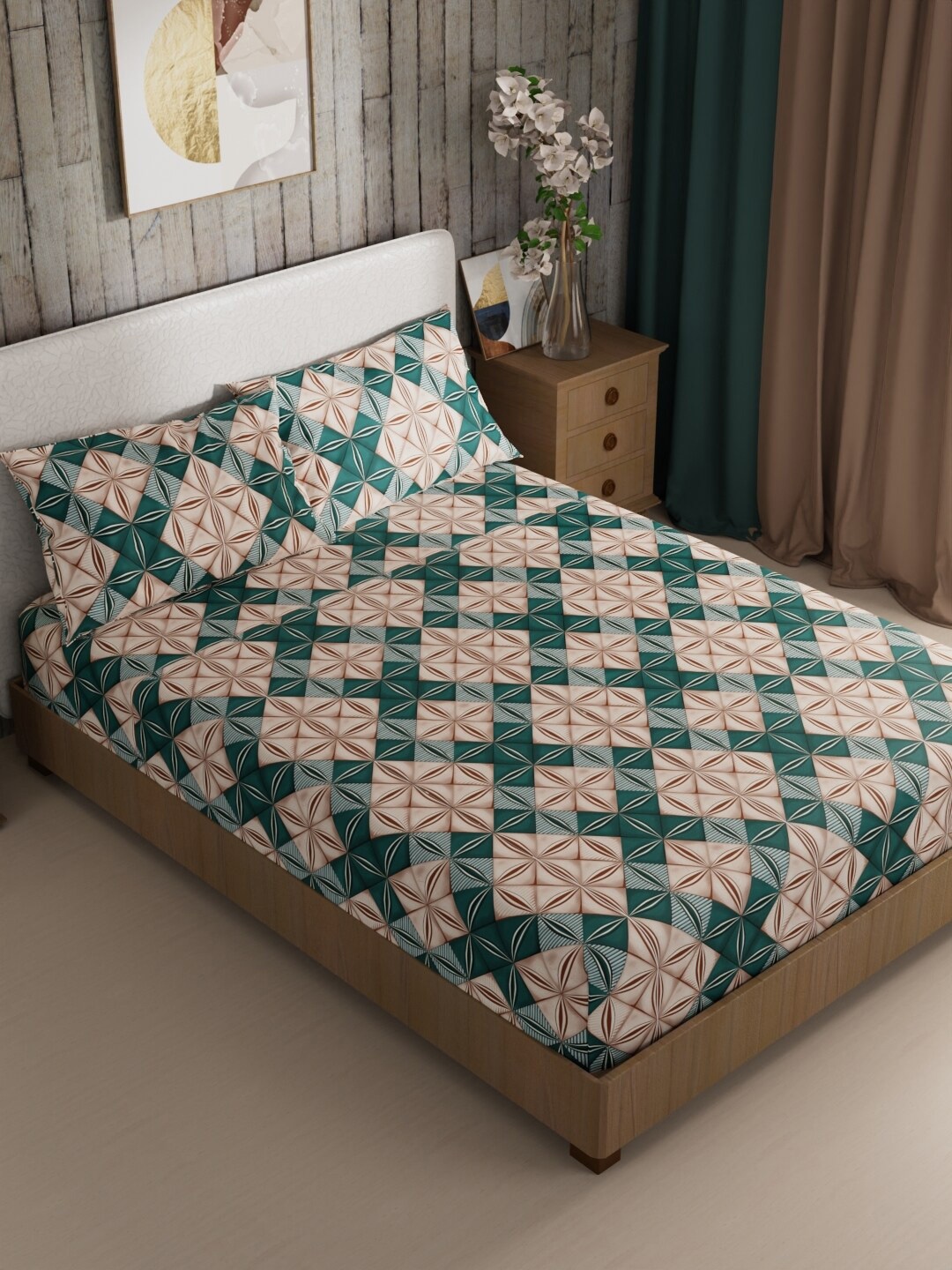 

BIANCA MIKASA Green & Pink Geometric Printed 200 TC Super Queen Bedsheet with 2 Pillow Covers