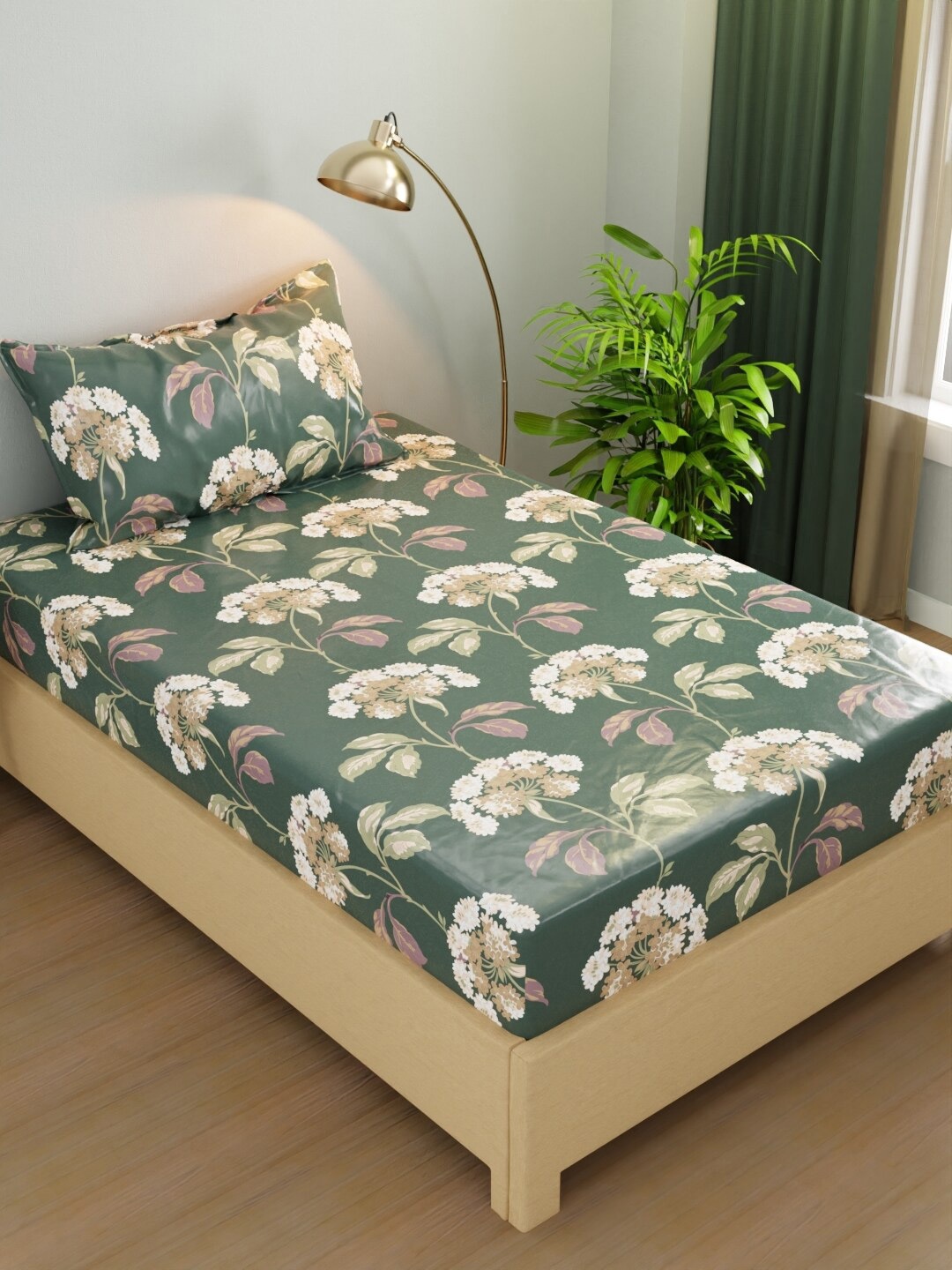 

BIANCA KOPA Green Floral Microfiber 200 TC Single Bedsheet With 1 Pillow Cover