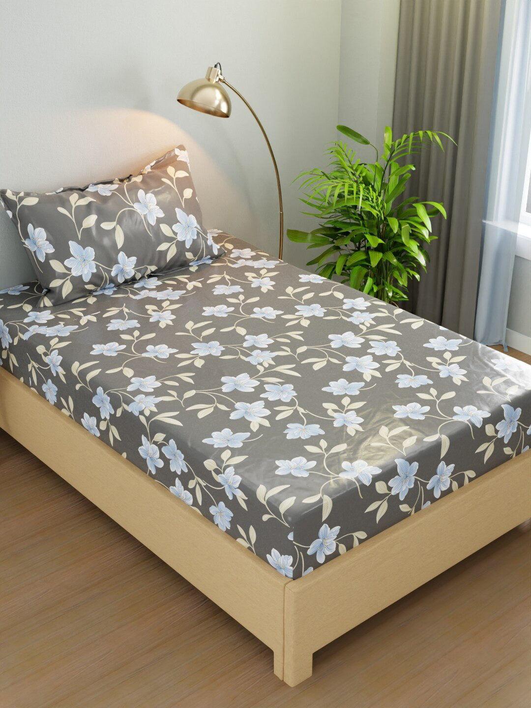 

BIANCA Rivera Charcoal Floral Microfiber 200 TC 130 GSM Single Bedsheet & 1 Pillow Covers