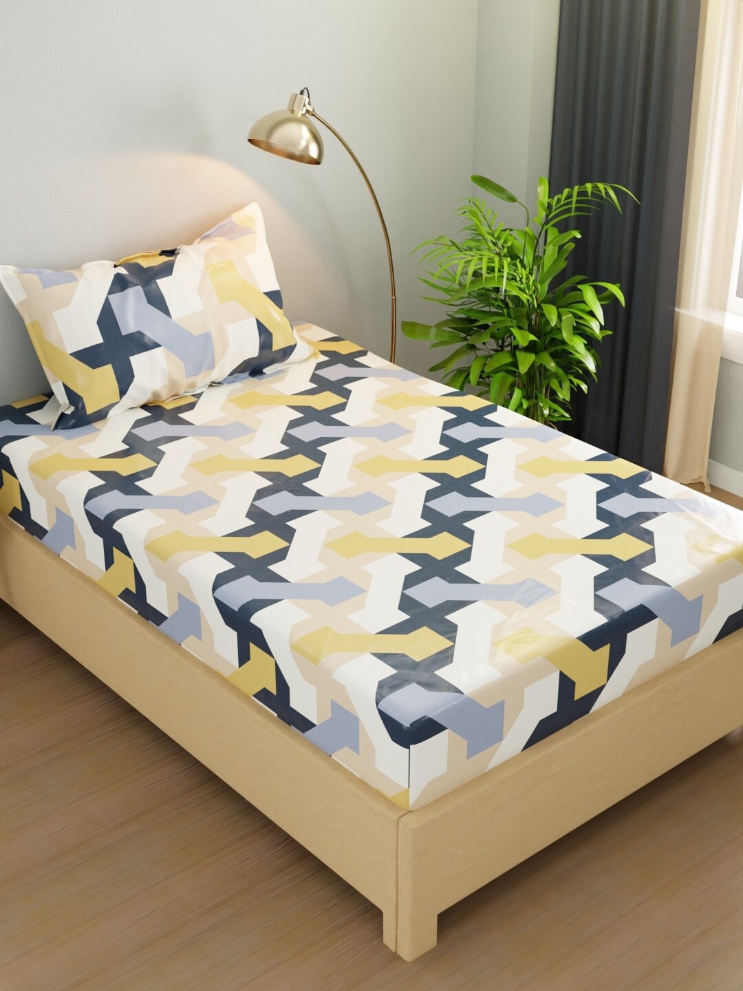 

BIANCA Rivera Yellow Geometric Microfiber 200 TC 130 GSM Single Bedsheet & 1 Pillow Cover