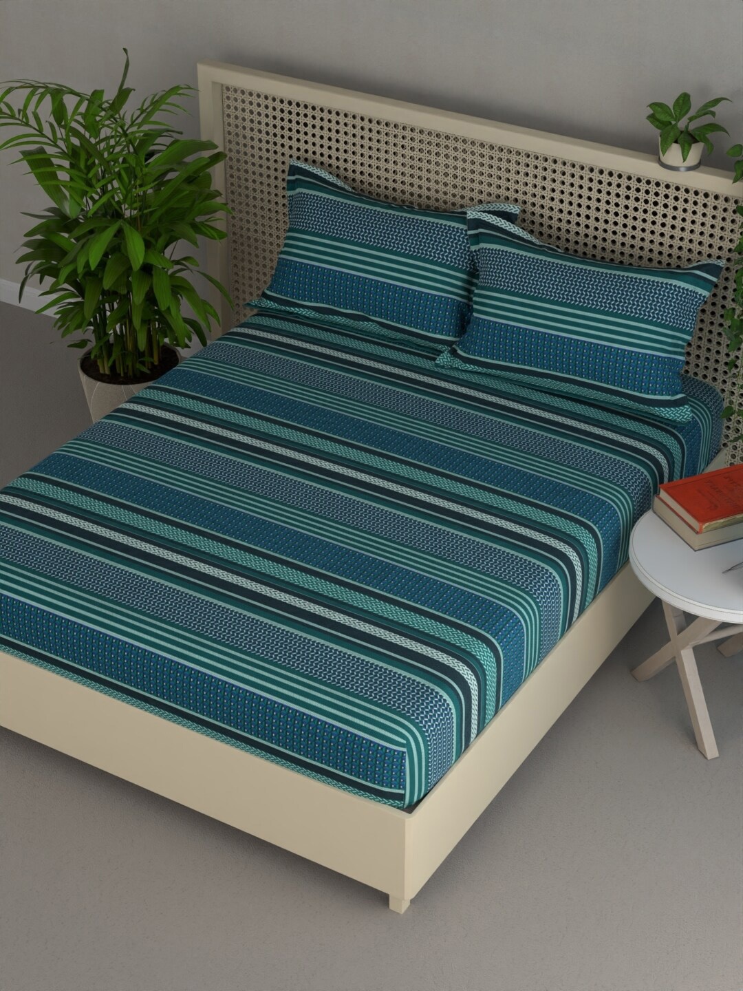 

BIANCA Estella Teal & Blue Striped 120 TC Queen Bedsheet With 2 Pillow Covers