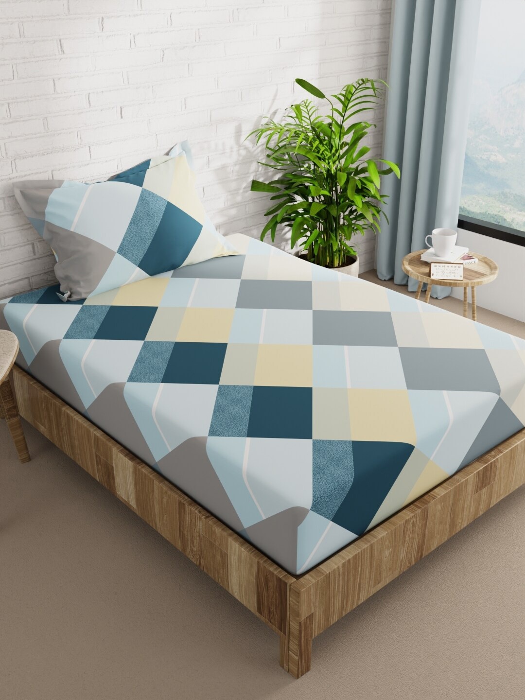 

BIANCA SNUZ White & Blue Geometric Microfiber 152 TC Single Bedsheet with 1 Pillow Cover