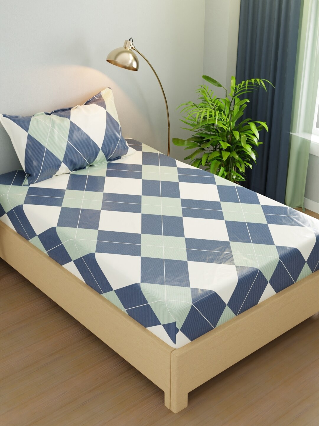

BIANCA Rivera Blue & Green Geometric Microfiber 200 TC Single Bedsheet Set