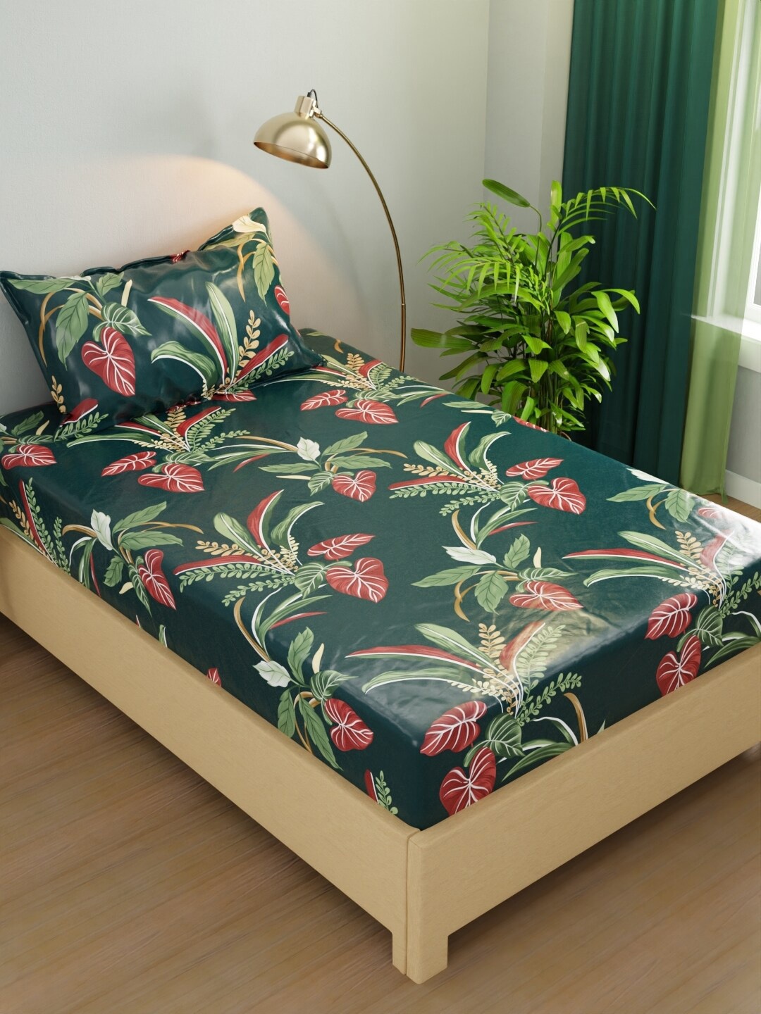 

BIANCA RIVERA Green & Red Floral 200 TC Single Bedsheet with 1 Pillow Cover