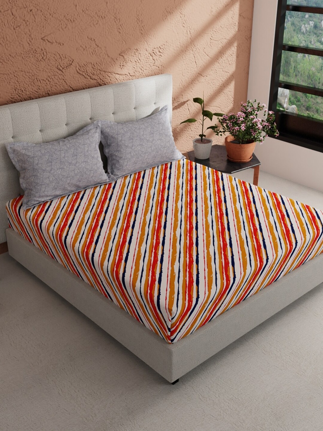 

BIANCA Giodeno Orange & Navy Blue Striped Cotton 144 TC King Bedsheet with 2 Pillow Covers
