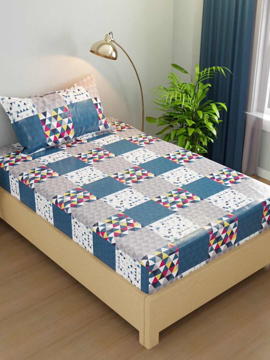 

BIANCA RIVERA Blue & White Geometric Microfiber 200 TC Single Bedsheet with 1 Pillow Cover