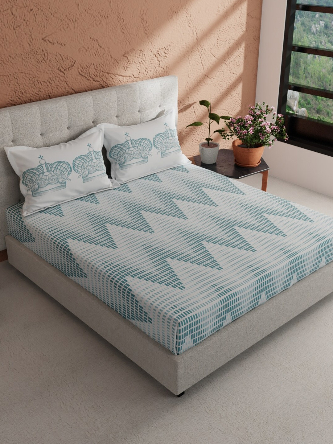 

BIANCA Off White & Teal Printed Pure Cotton 144 TC King Bedsheet with 2 Pillow Covers