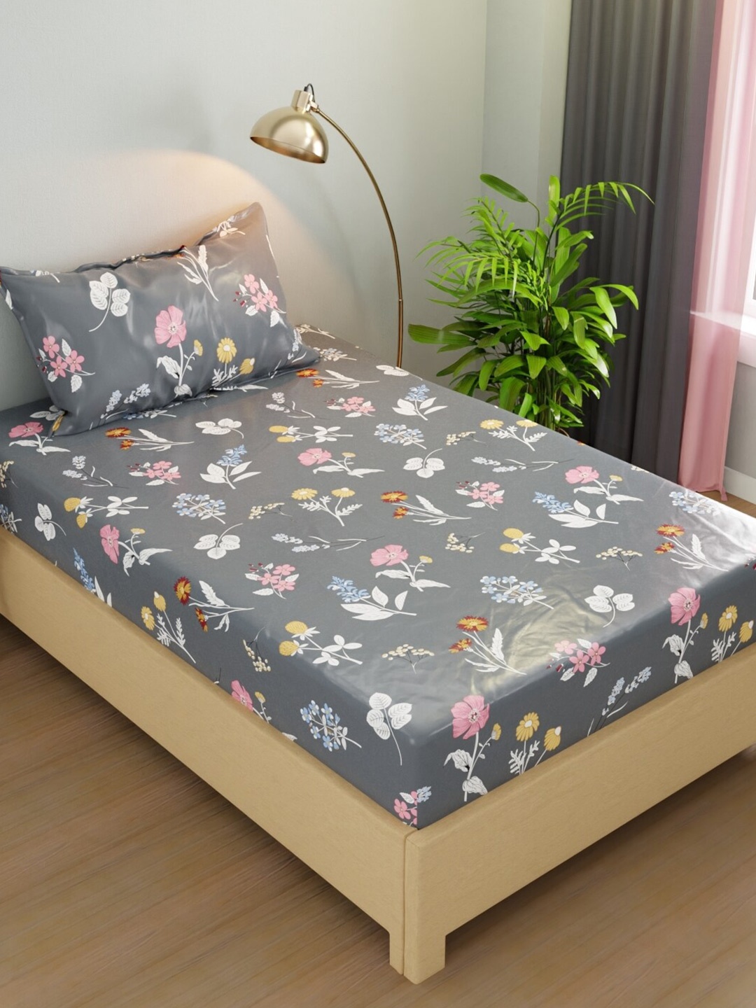 

BIANCA Rivera Grey & White Floral Microfiber 200 TC Single Bedsheet With 1 Pillow Covers