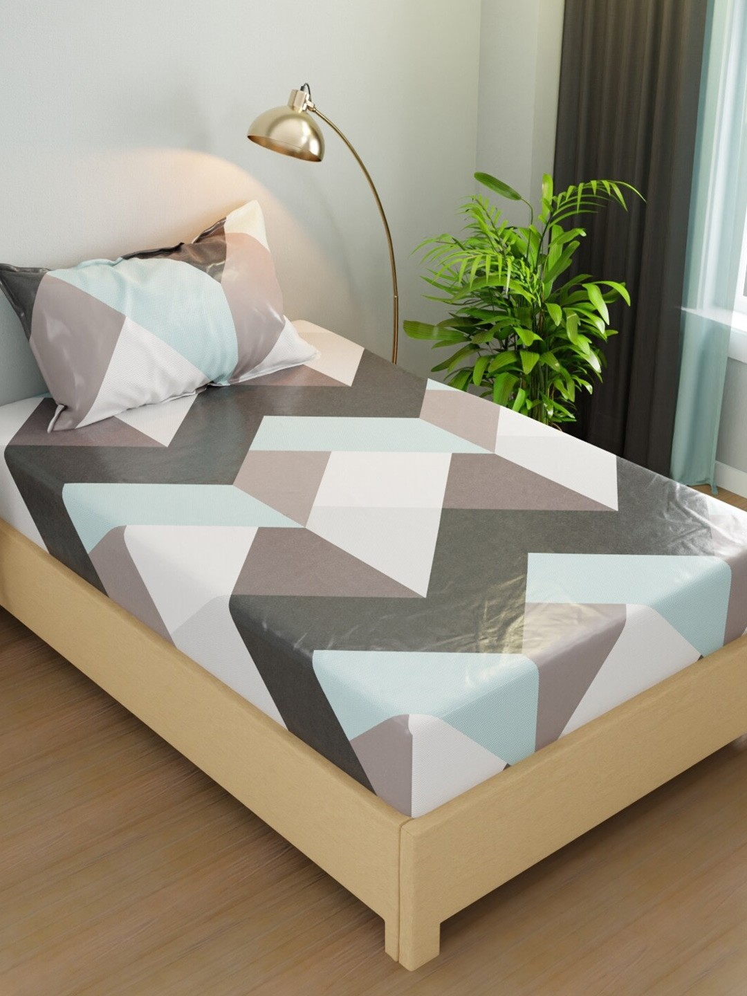 

BIANCA Rivera Grey Blue Printed Microfiber 200 TC Single Bedsheet with 1 Pillow Cover