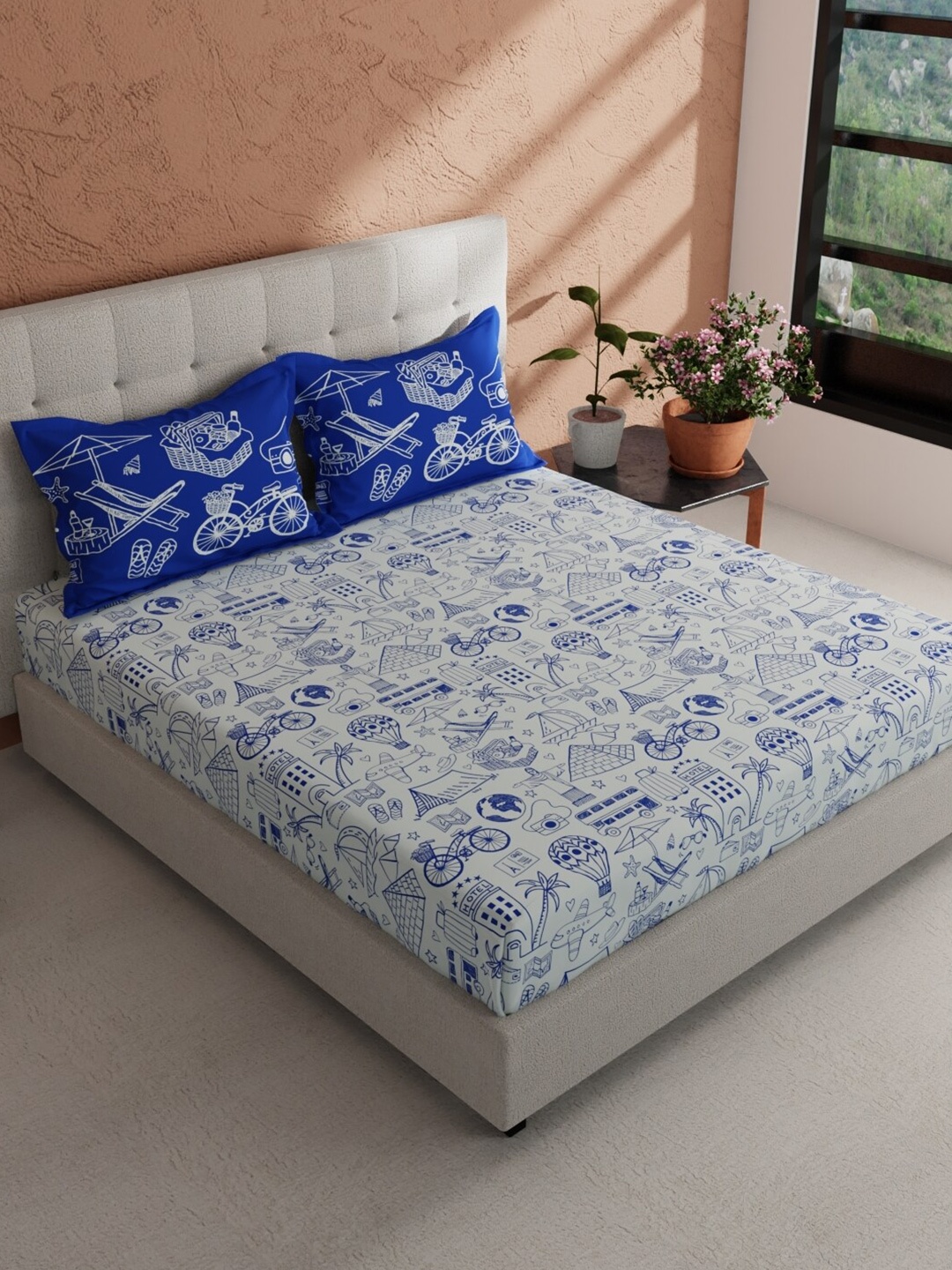 

BIANCA GIODENO White & Blue Printed Cotton 144 TC Bedsheet with 2 Pillow Covers