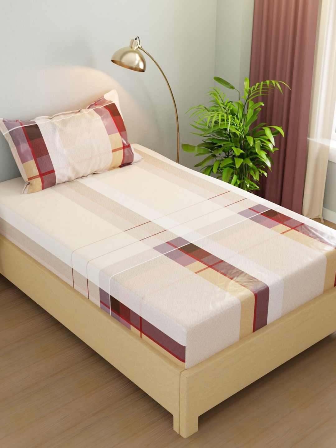 

BIANCA Rivera Cream & Brown Geometric Microfiber 200 TC Single Bedsheet & 1 Pillow Covers
