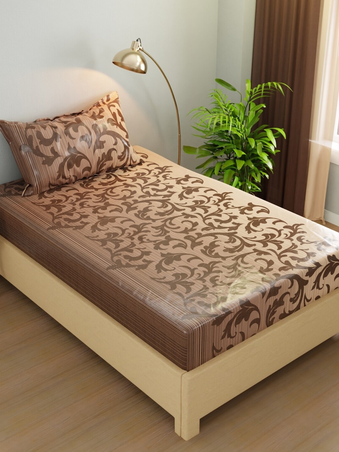 

BIANCA Rivera Brown Floral Microfiber 200 TC Single Bedsheet with 1 Pillow Covers