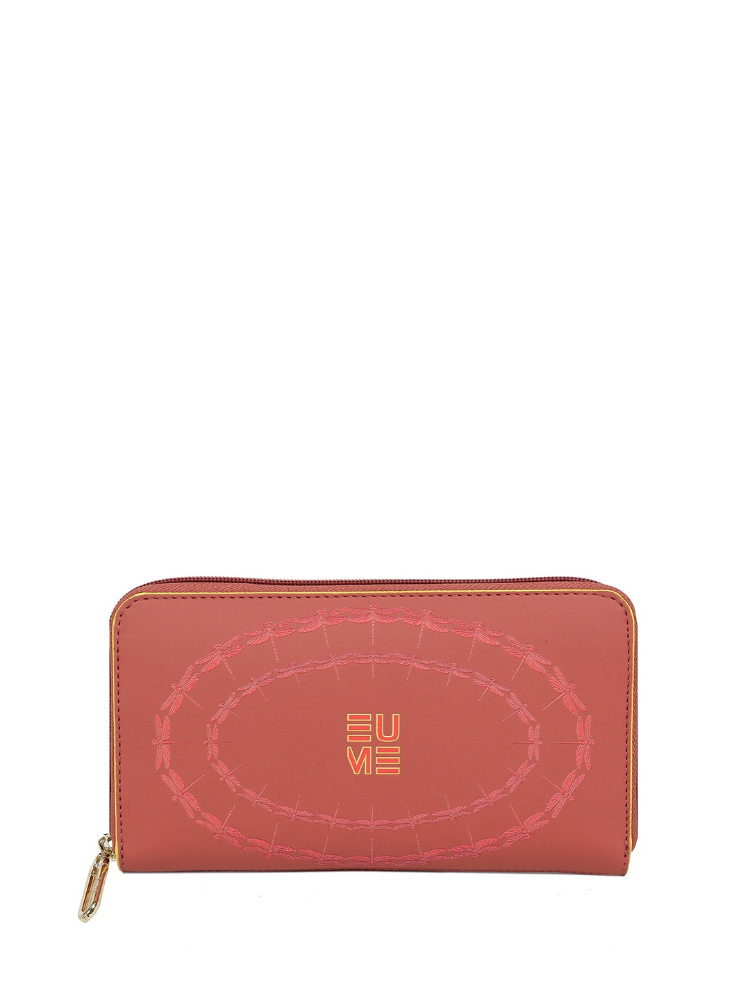 

EUME Women Bandwind Brand Logo Printed Vegan Leather Zip Around Wallet, Red