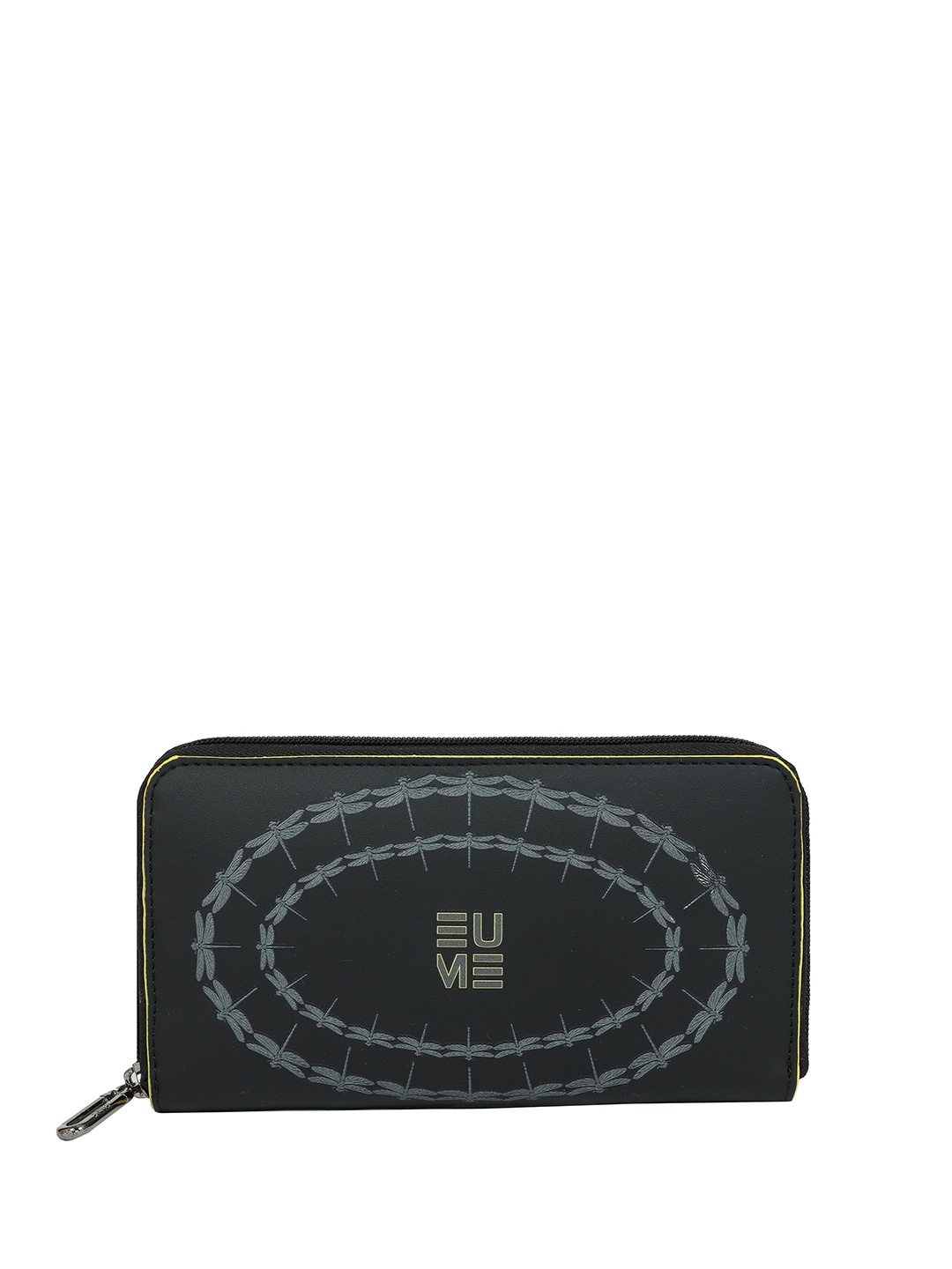 

EUME Women Bandwind Brand Logo Printed Vegan Leather Zip Around Wallet, Black
