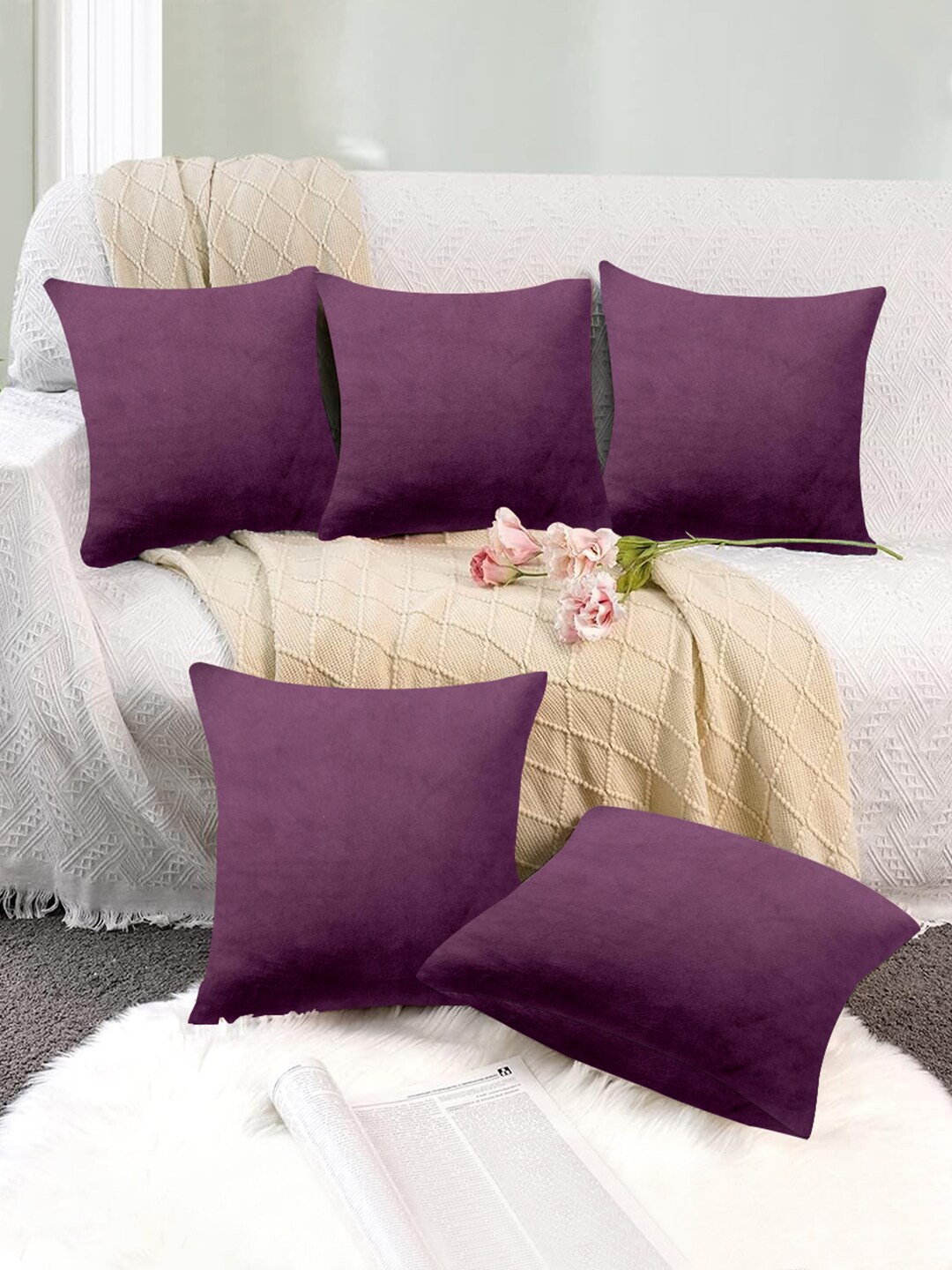 

Cloth Fusion Purple 5 Pieces Velvet Square Cushion Covers