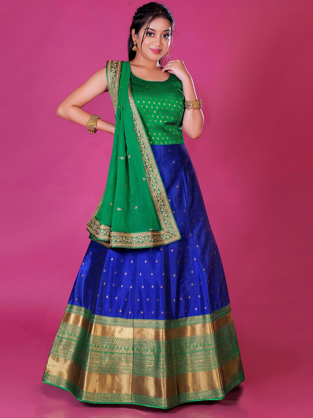 

ODETTE Ethnic Motifs Printed Silk Gown Maxi Ethnic Dress, Blue